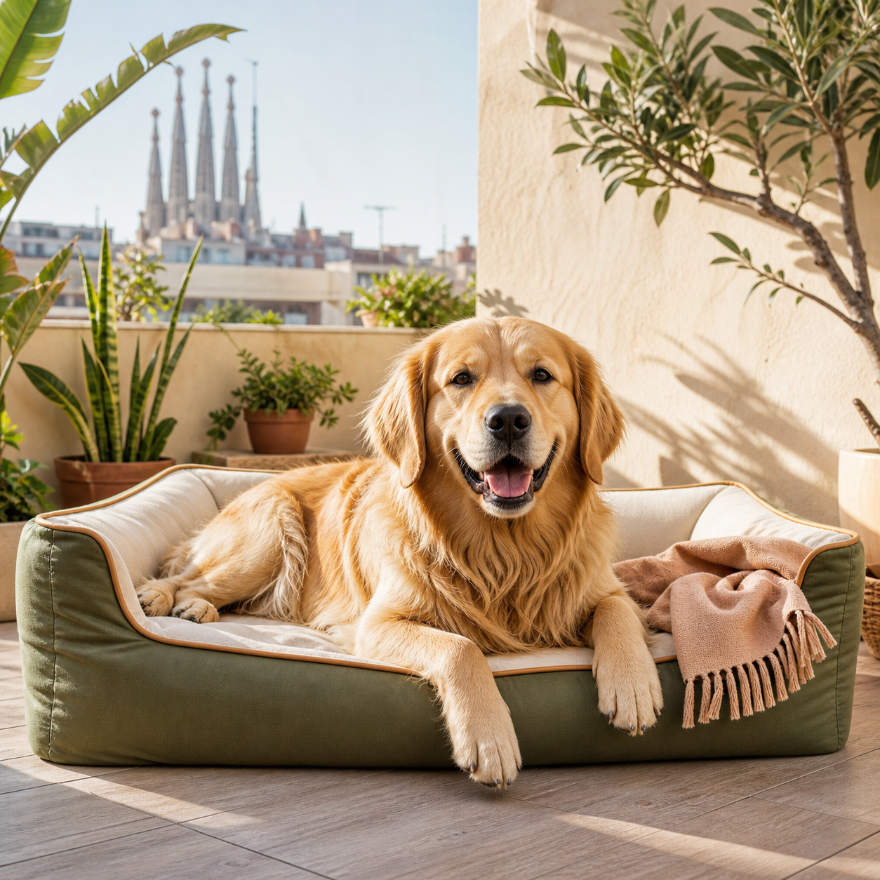 Golden retriever au repos dans un panier nid