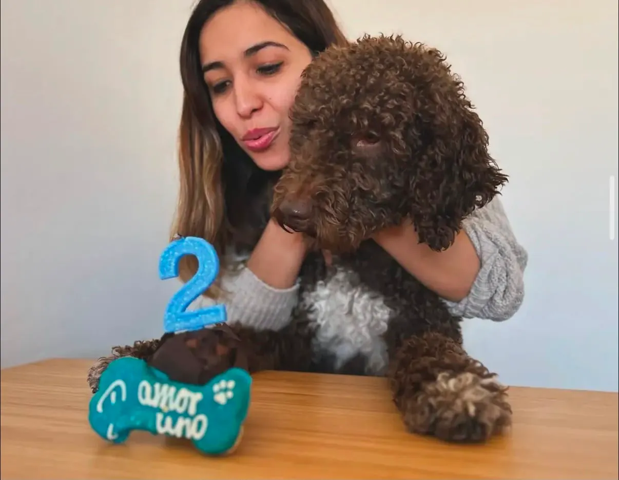 Mariana celebrando el segundo cumpleaños de un perro de agua con una tarta canina casera