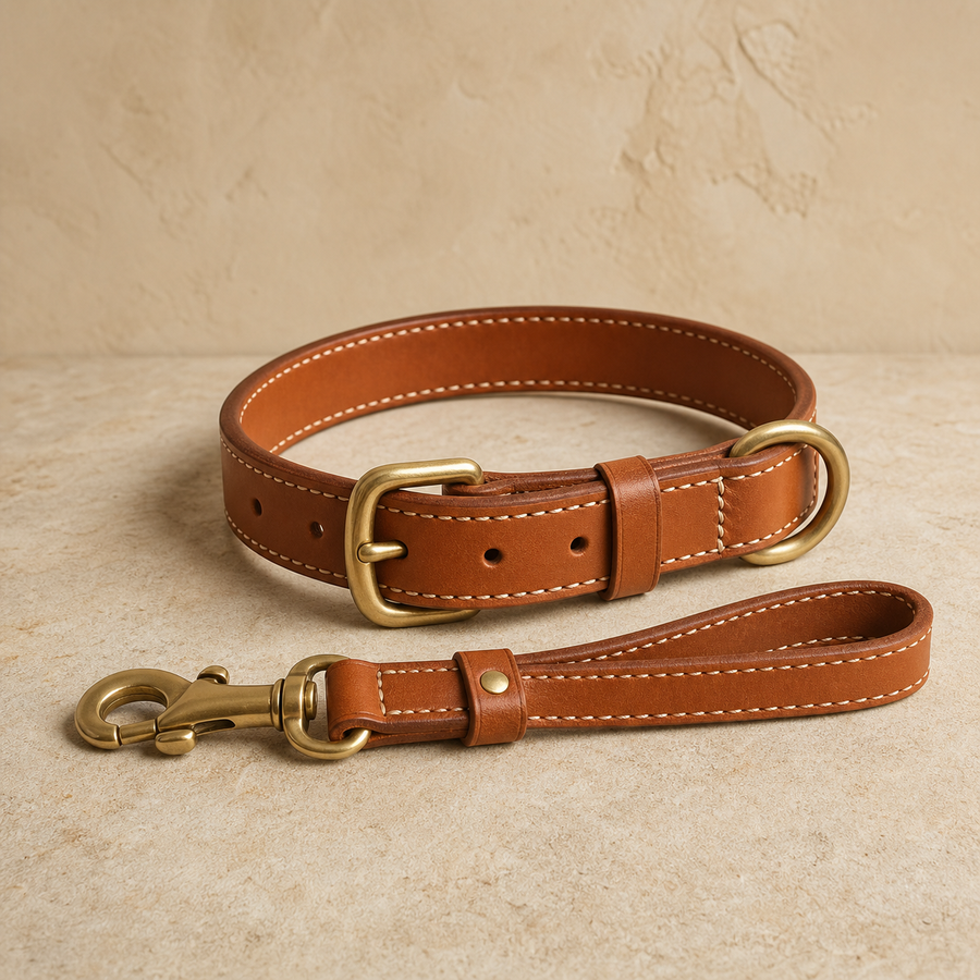 Collier en cuir pour chien avec boucle en laiton et dragonne assortie