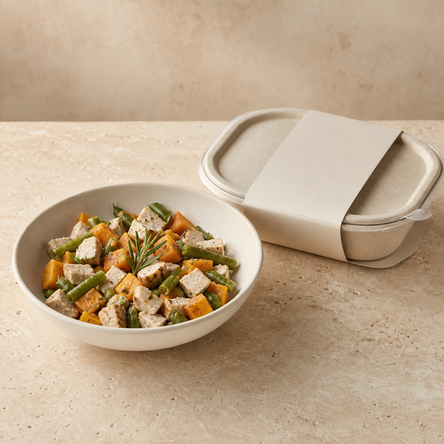 Menu frais gourmet pour chien au poulet, potiron et haricots verts